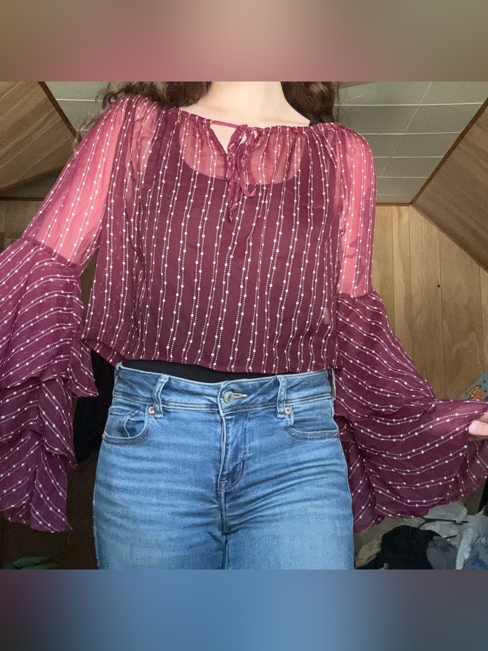 Whimsygoth Burgundy White PolkaDot Ruffled Bell Sleeve Cropped Semi Sheer Blouse